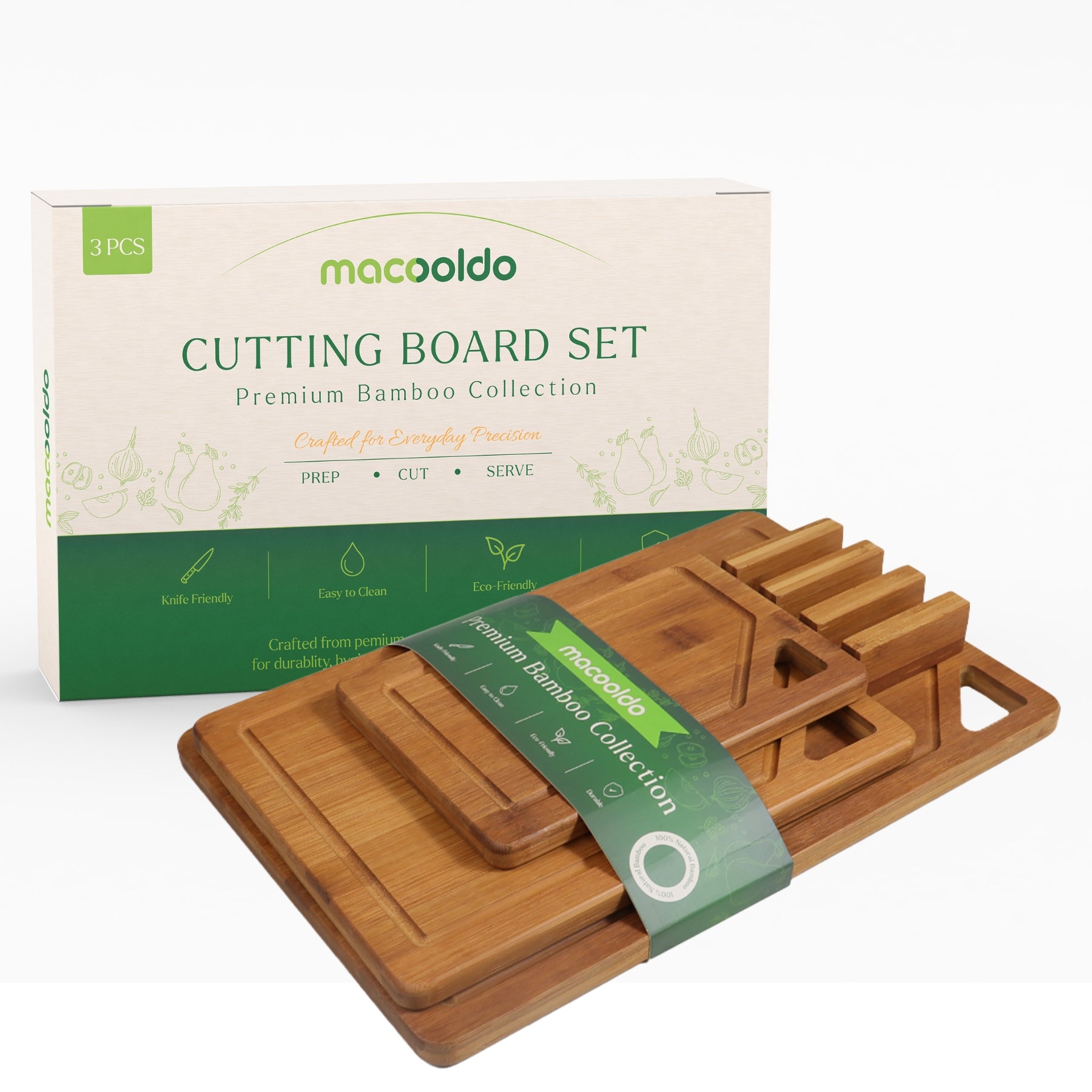 MACOOLDO Bamboo Cutting Board for Kitchen Meal Prep & Serving, 3-Piece Wooden Set with Juice Grooves, Side Handles Ideal for Meat, Veggies, Fruit