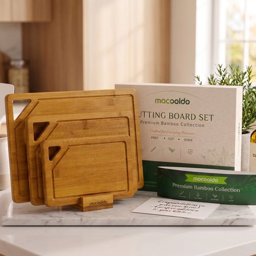 MACOOLDO Bamboo Cutting Board for Kitchen Meal Prep & Serving, 3-Piece Wooden Set with Juice Grooves, Side Handles Ideal for Meat, Veggies, Fruit